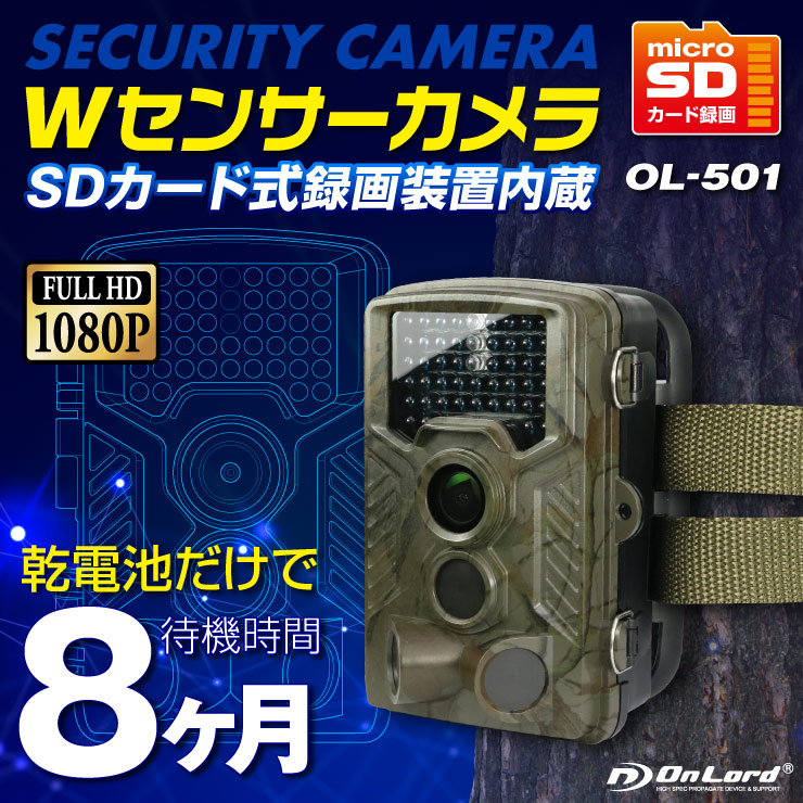 防犯カメラ SDカード録画 屋外 録画装置内蔵 防塵防水 赤外線LED Wセンサーカメラ (OL-501) 人感センサー 乾電池式