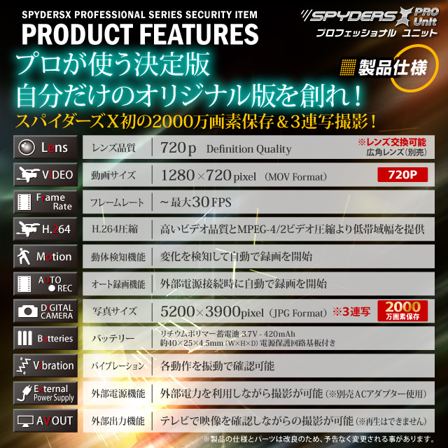 小型カメラ 防犯カメラ 小型ビデオカメラ 基板完成実用ユニット スパイカメラ スパイダーズX PRO (UT-103) 720P H.264 2000万画素保存 3連写
