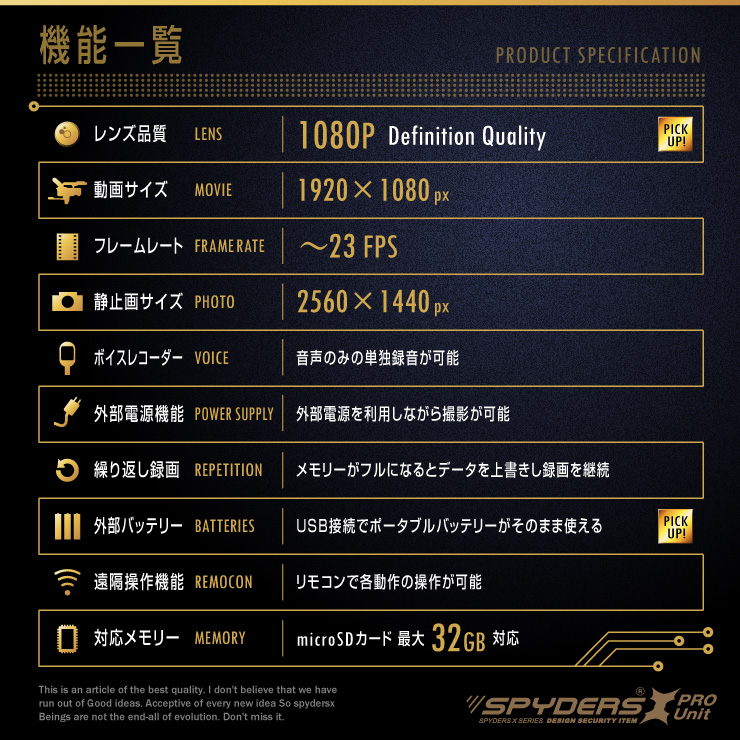 小型カメラ自作キット 基板完成実用ユニット スパイカメラ スパイダーズX PRO (UT-111) 1080P ポータブルバッテリー接続 長時間録画