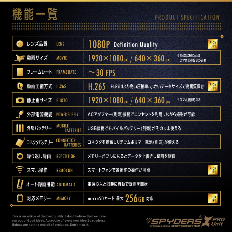 スパイダーズX PRO 小型カメラ 基板完成実用ユニット 防犯カメラ 4K H.265 256GB対応 スパイカメラ UT-124