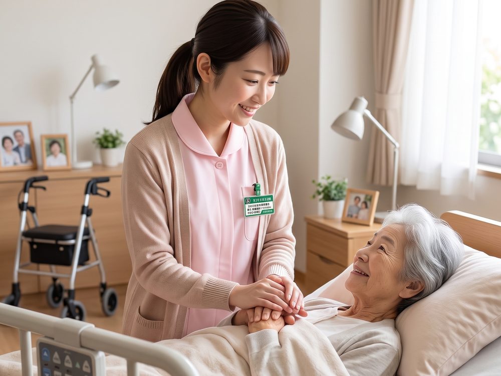 介護施設でCareMemoryを着けた職員が利用者に寄り添う様子