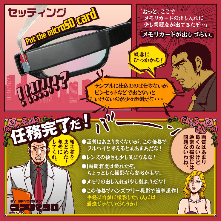 メガネ型カメラ 小型カメラ スパイダーズX コスパ30 (CP-005) スパイカメラ FULL HD 32GB内蔵