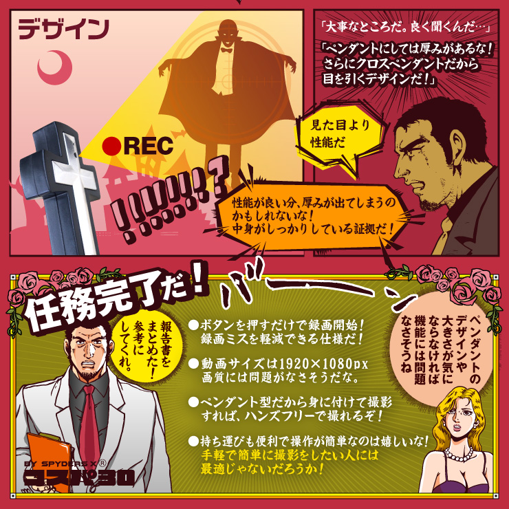 スパイダーズX(コスパ30) 小型カメラ ペンダント型カメラ 防犯カメラ 1080P 16GB内蔵 スパイカメラ CP-013