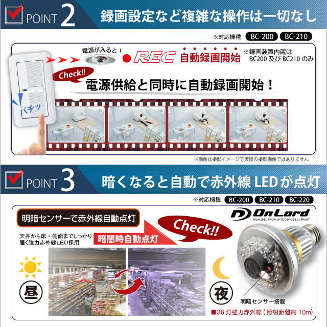 小型カメラ 防犯カメラ セキュリティーカメラ 赤外線LED搭載 オンロード電球型防犯カメラ (電球型カメラOnLord：BC-220)