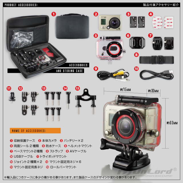 GoPro（ゴープロ）クラス ウェアラブルカメラ アクションカム (OL-101) 高画質撮影 広角170° 60m防水 専用ケース＆マウント付属 オンロード OnLord バッテリー×2個付