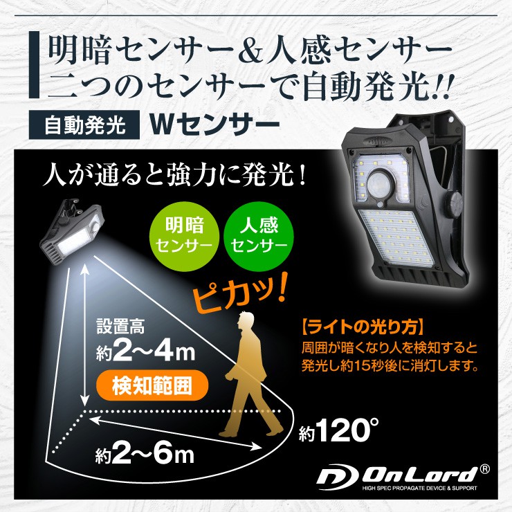 オンロード(OnLord) ソーラー充電式 クリップ型センサーライト LED 人感センサー 自動発光 防水 OL-336B


