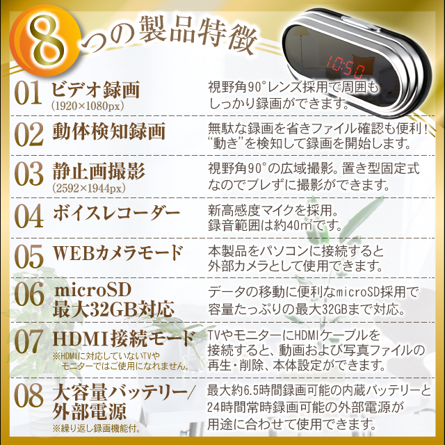 【小型カメラ】フルハイビジョンHD／HDMI接続　置時計型 スタイルビデオカメラ　アイクロック（Eye Clock）オンスタイル（R-217S）