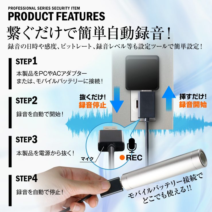 ボイスレコーダー USBケーブル型 Type-C端子 簡単録音 オート録音 カードリーダー iPhone15 Android両対応 OTG対応 32GB内蔵 NB-013