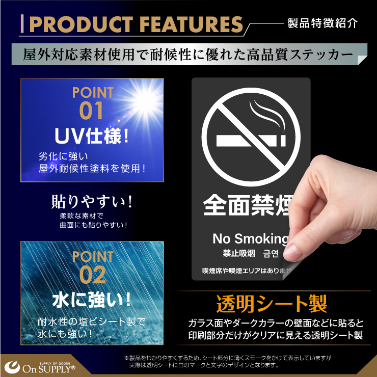 オンサプライ(On SUPPLY) 禁煙 分煙 受動喫煙防止対策 ステッカー 透明 多言語対応 全面禁煙 OS-451 (ゆうパケット対応)