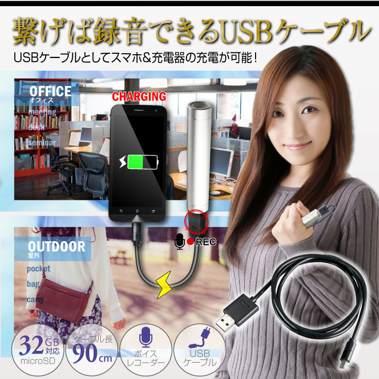 ボイスレコーダー USBケーブル型 (NB-002) 簡単操作 32GB対応