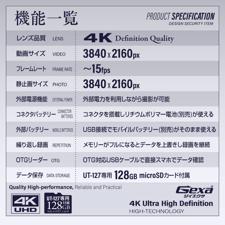 Gexa(ジイエクサ) 小型カメラ 基板完成実用ユニット 防犯カメラ 4K OTGリーダー 128GB付属 スパイカメラ UT-127