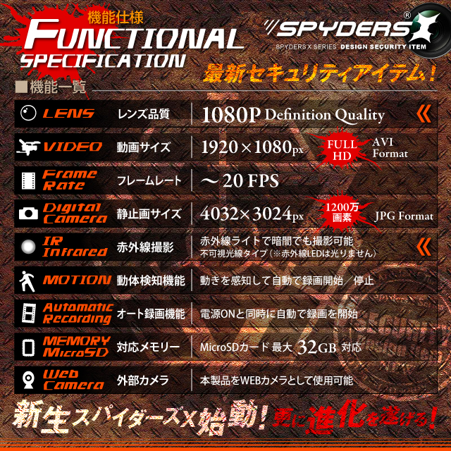 キーレス型カメラ スパイカメラ スパイダーズX (A-201) FULL HD1080P 1200万画素 赤外線ライト 動体検知 小型カメラ 防犯カメラ 小型ビデオカメラ