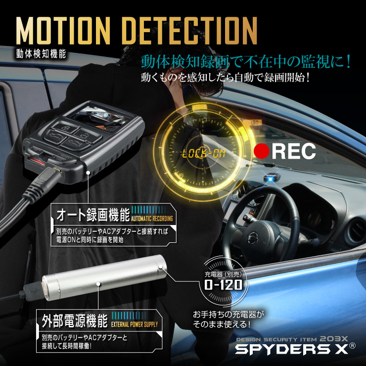 キーレス型カメラ 小型カメラ スパイダーズX (A-204) スパイカメラ 1080P モニター付 動画再生 WDR機能 64GB対応