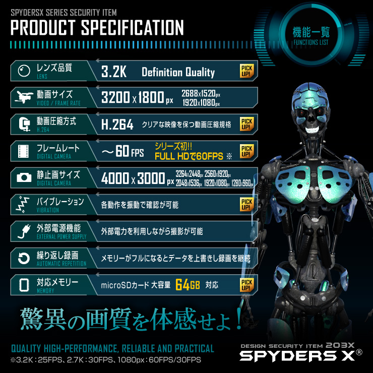 スパイダーズX 小型カメラ キーレス型カメラ 防犯カメラ 3.2K 60FPS 64GB対応 スパイカメラ (A-205)