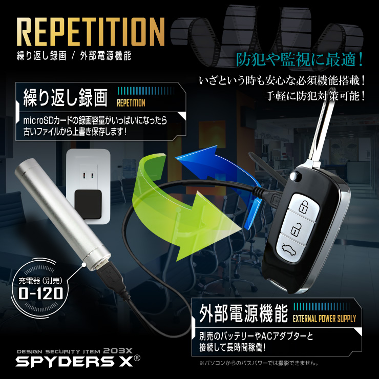 スパイダーズX 小型カメラ キーレス型カメラ ホワイト 防犯カメラ 1080P 録音機能 スパイカメラ A-206W
