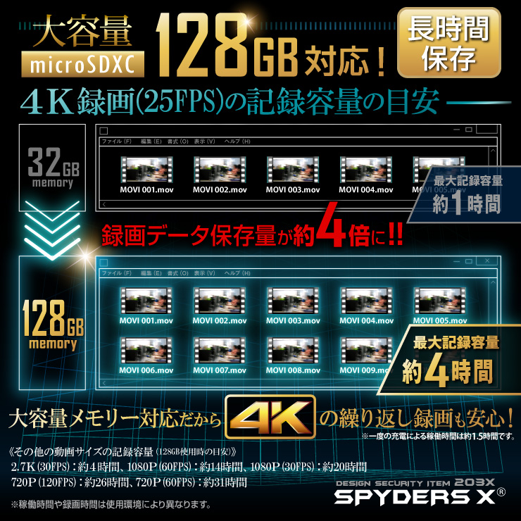 
スパイダーズX 小型カメラ キーレス型カメラ 防犯カメラ 4K スマホ操作 128GB対応 スパイカメラ A-208α