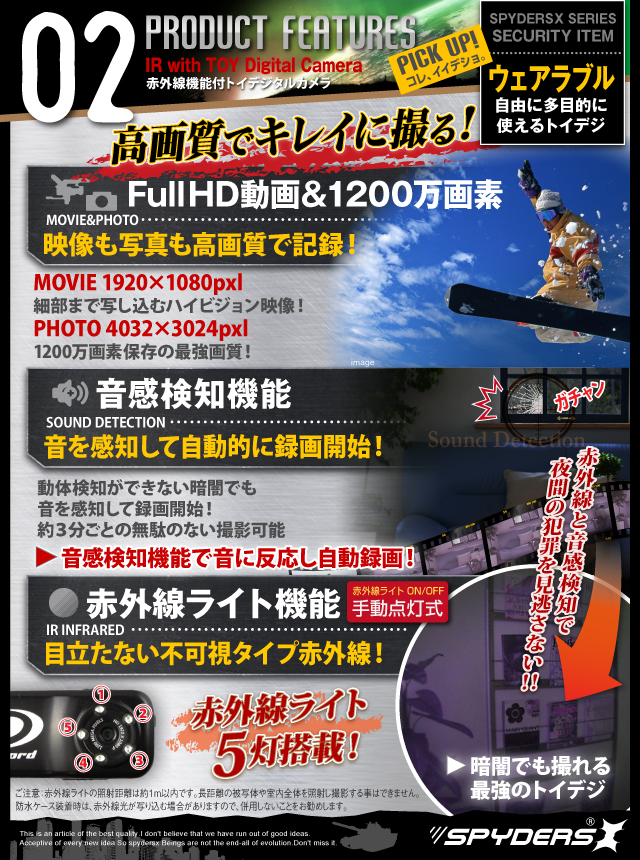 小型カメラ 防犯カメラ 小型ビデオカメラ トイデジ デジタルムービーカメラ 水中カメラ スパイダーズX (A-350) 完全防水ケース付 ウェアラブル アクションカム 赤外線 音感検知