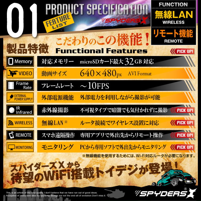 小型カメラ 防犯カメラ 小型ビデオカメラ トイデジ デジタルムービーカメラ スパイカメラ スパイダーズX (A-360) コンパクトカメラ 赤外線 WiFi機能搭載 P2P