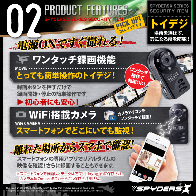 小型カメラ 防犯カメラ 小型ビデオカメラ トイデジ デジタルムービーカメラ スパイカメラ スパイダーズX (A-360) コンパクトカメラ 赤外線 WiFi機能搭載 P2P