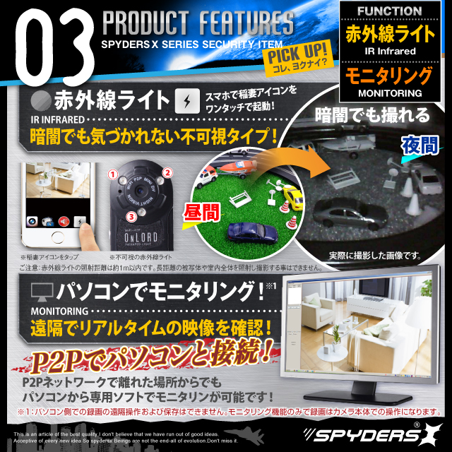 小型カメラ 防犯カメラ 小型ビデオカメラ トイデジ デジタルムービーカメラ スパイカメラ スパイダーズX (A-360) コンパクトカメラ 赤外線 WiFi機能搭載 P2P