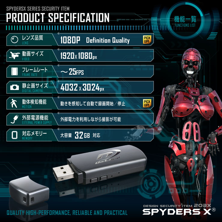 USBメモリ型カメラ 小型カメラ スパイダーズX (A-401) スパイカメラ 1080P サイドレンズ 32GB対応
