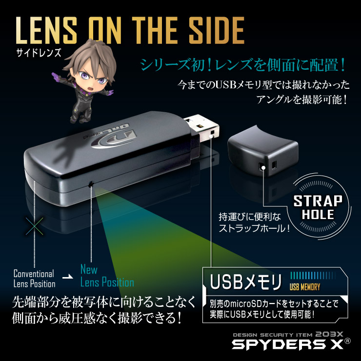 USBメモリ型カメラ 小型カメラ スパイダーズX (A-401) スパイカメラ 1080P サイドレンズ 32GB対応