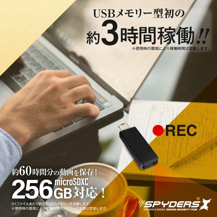  スパイダーズX 小型カメラ USBメモリー型カメラ 防犯カメラ 1080P 暗視補正 256GB対応 スパイカメラ A-406