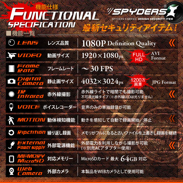 USBメモリ型カメラ 小型カメラ スパイカメラ スパイダーズX (A-460) FULL HD1080P 赤外線ライト 
