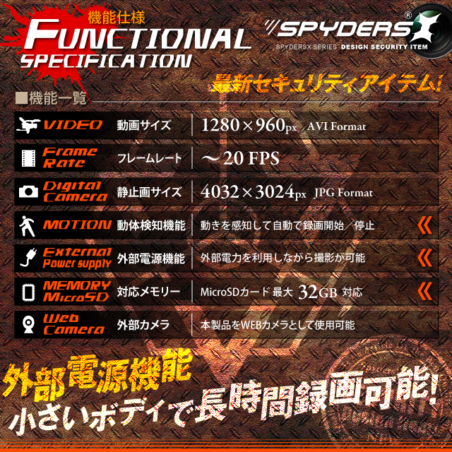 USBメモリ型カメラ 小型カメラ スパイダーズX(A-475)スパイカメラ 超ミニサイズ 32GB対応