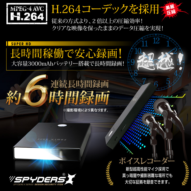 充電器型カメラ モバイルバッテリー 小型カメラ スパイダーズX (A-605) スパイカメラ 1080P H.264 60FPS