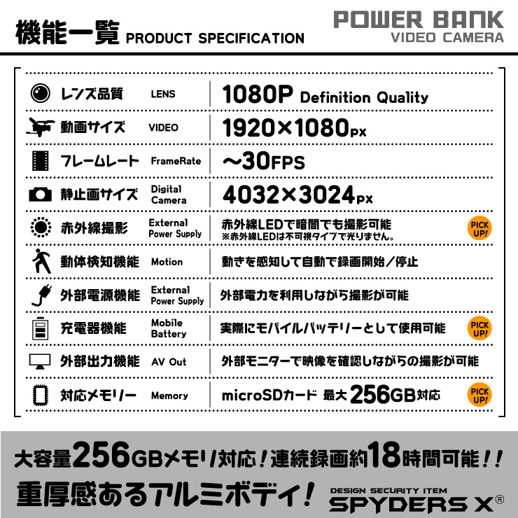 スパイダーズX 小型カメラ 充電器型カメラ 防犯カメラ 1080P 赤外線撮影 256GB対応 スパイカメラ A-615 