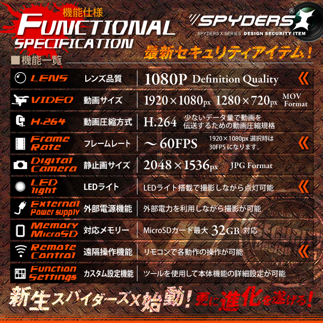 充電器型カメラ ポータブルバッテリー スパイカメラ スパイダーズX (A-685B) ブラック 小型カメラ 防犯カメラ 小型ビデオカメラ 1080P H.264 60FPS LEDライト 長時間録画 リモコン