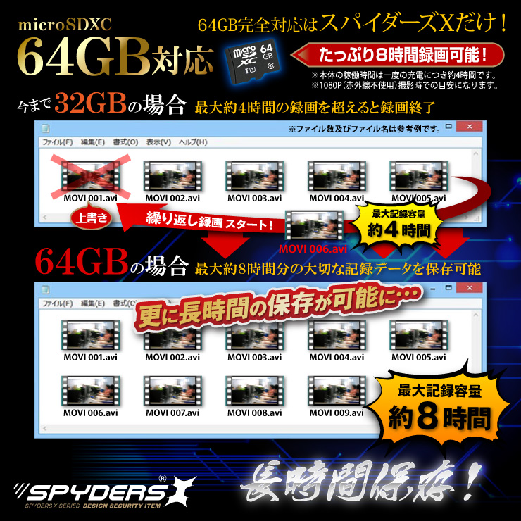 置時計型カメラ 小型カメラ スパイダーズX (C-550) スパイカメラ 1080P 60FPS 赤外線 動体検知 遠隔操作 64GB対応