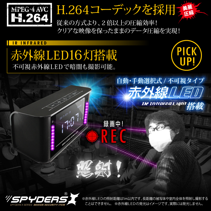 メディアプレーヤー型カメラ 小型カメラ スパイダーズX (C-590B) ブラック 1080P 液晶画面 赤外線 FMラジオ