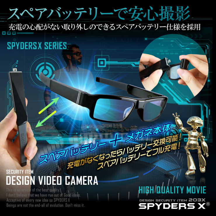 スパイダーズX 小型カメラ メガネ型カメラ 防犯カメラ FHD スペアバッテリー 64GB内蔵 スパイカメラ E-201

