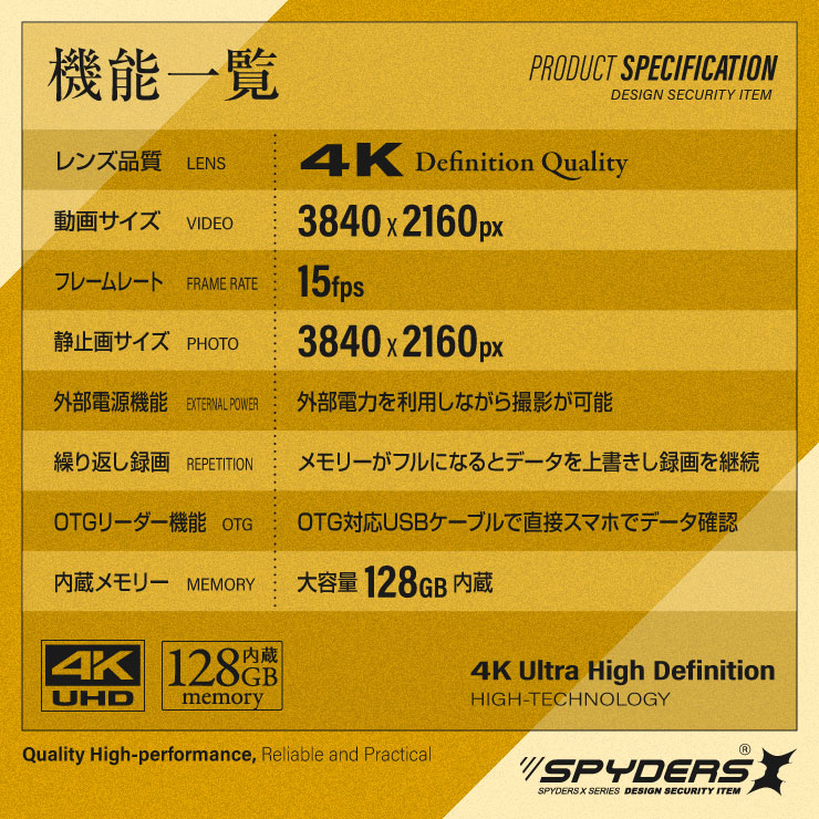 スパイダーズX 小型カメラ メガネ型カメラ 防犯カメラ 1080P タッチセンサー スペアバッテリー付 256GB対応 スパイカメラ E-202
