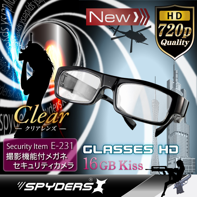 小型カメラ 防犯カメラ 小型ビデオカメラ メガネ カメラ メガネ型 スパイカメラ スパイダーズX (E-231) クリアレンズ 720P センターレンズ 16GB内蔵