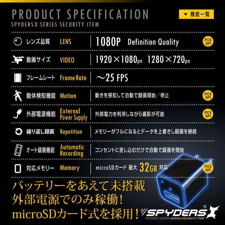 USB-ACアダプター型ビデオカメラ 小型カメラ スパイダーズX (M-933α) スパイカメラ 1080P コンセント接続 動体検知 32GB対応