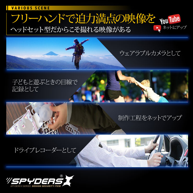 ヘッドセット型ビデオカメラ ハンズフリーフォン 小型カメラ スパイダーズX (M-937B) ブラック スパイカメラ 1080P 簡単操作 8GB内蔵