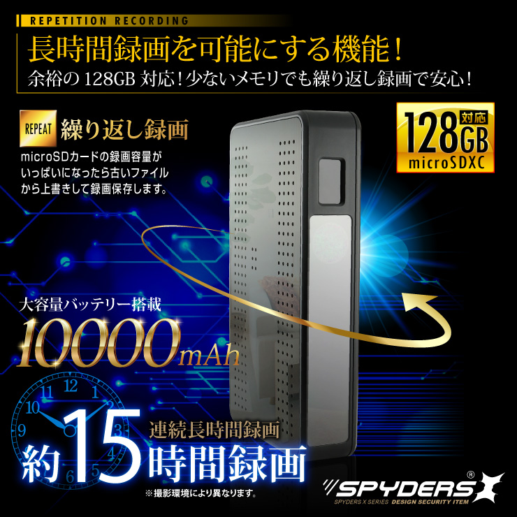ポータブルハードディスク型カメラ 小型カメラ スパイダーズX (M-940) スパイカメラ 1080P H.264 人体検知 128GB対応