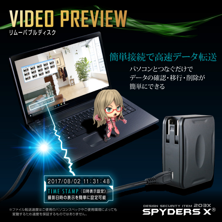 USB-ACアダプター型カメラ 小型カメラ スパイダーズX (M-944) スパイカメラ 1080P 赤外線 オート録画 32GB対応