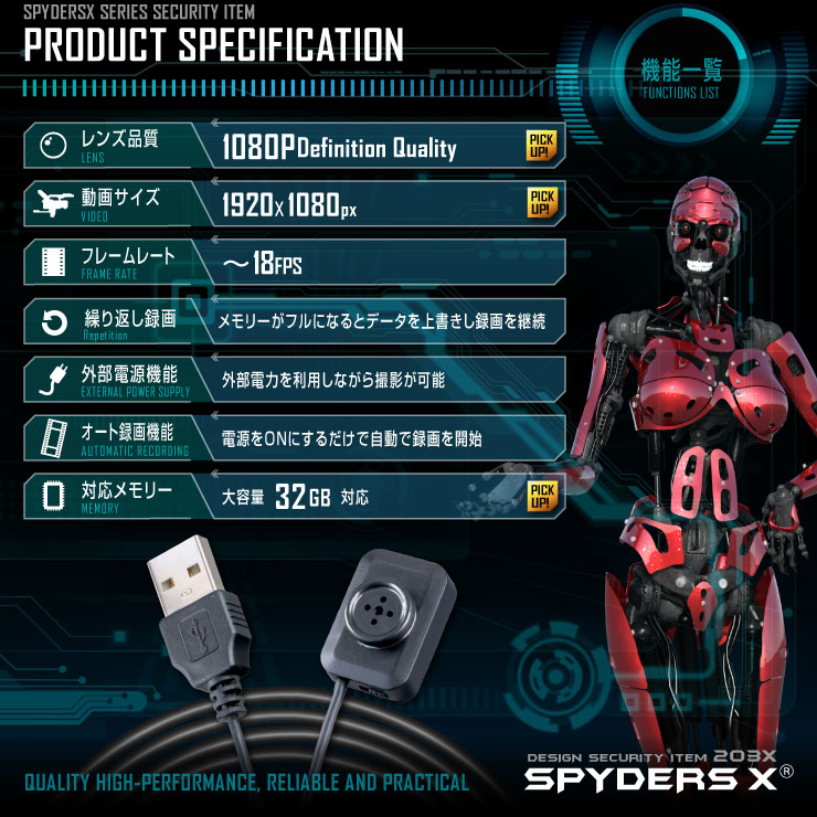 ボタン型ビデオカメラ 小型カメラ スパイダーズX (M-936) スパイカメラ ハンズフリー 最軽量 オート録画