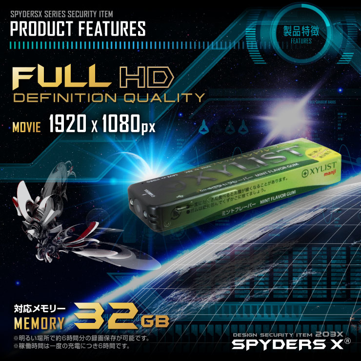 ガム型カメラ 小型カメラ スパイダーズX (M-947M) ミント 1080P LEDライト 32GB対応
