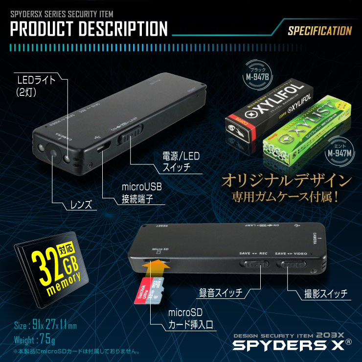 ガム型カメラ 小型カメラ スパイダーズX (M-947M) ミント 1080P LEDライト 32GB対応