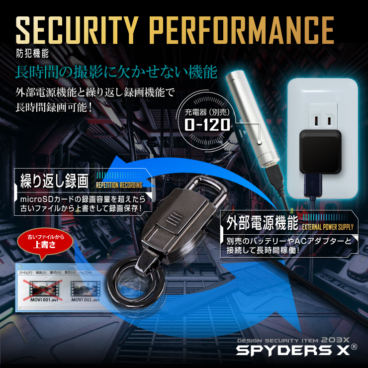 スパイダーズX 小型カメラ キーホルダー型カメラ シルバー 防犯カメラ 1080P 32GB内蔵 スパイカメラ M-949S