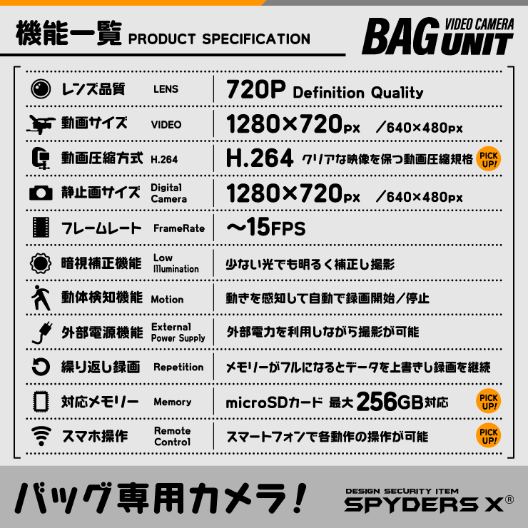 スパイダーズX 小型カメラ バッグカメラユニット バッグ専用 防犯カメラ 720P スマホ操作 256GB対応 スパイカメラ M-956
