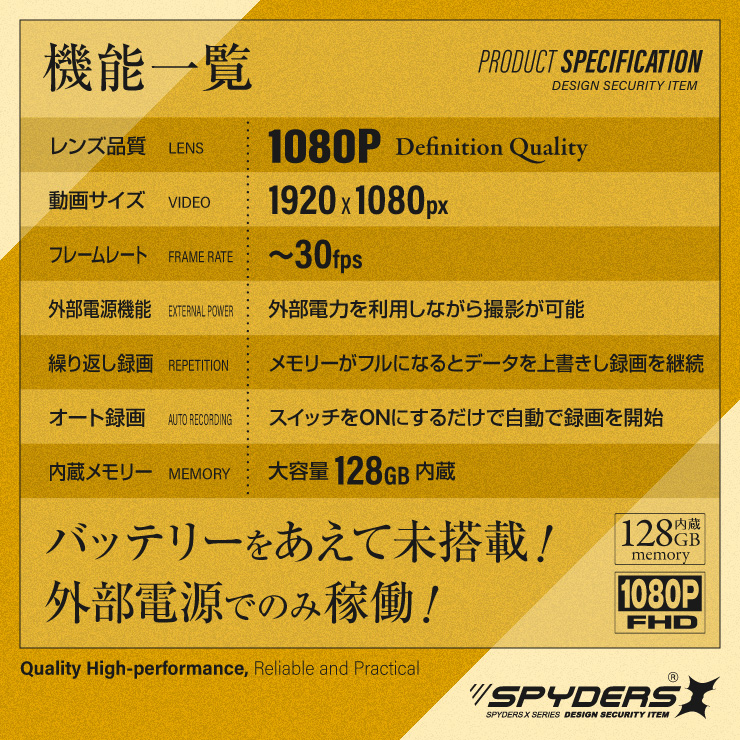  スパイダーズX 小型カメラ 電源タップ型カメラ コンセント型カメラ 防犯カメラ 1080P 128GB内蔵 スパイカメラ M-964