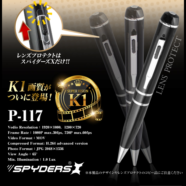 小型カメラ 防犯カメラ 小型ビデオカメラ ペン ペン型 スパイカメラ スパイダーズX (P-117S) シルバー K1画質