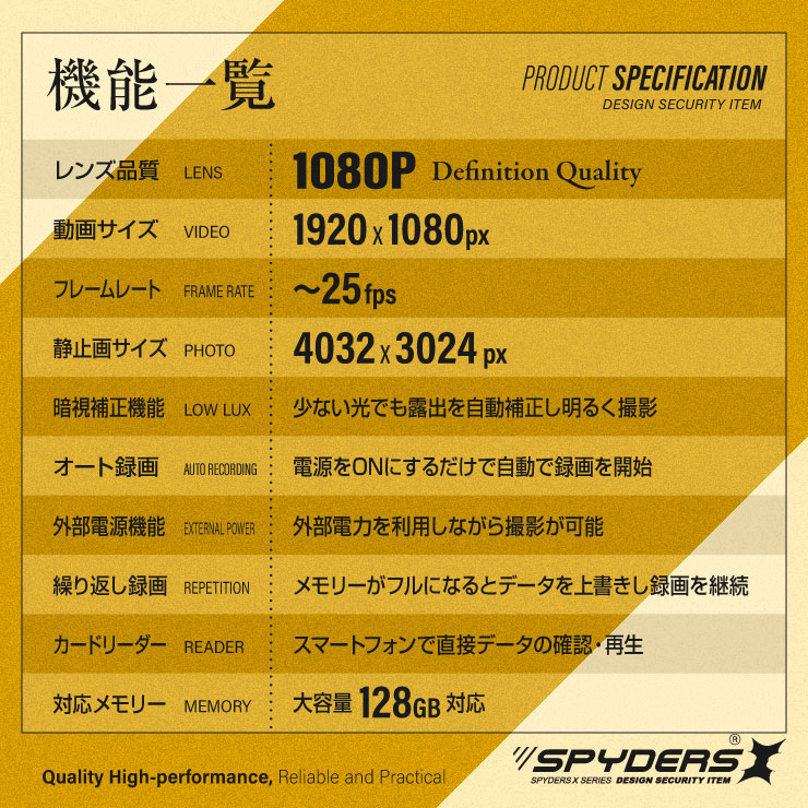 スパイダーズX 小型カメラ ペン型カメラ 防犯カメラ 1080P 暗視補正 Photo4K カードリーダー 128GB対応 スパイカメラ P-129
 
