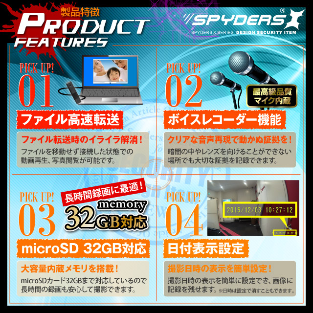 クリップ型カメラ 小型カメラ スパイダーズX (P-310) 60FPS 赤外線 広角 スマホ接続 
